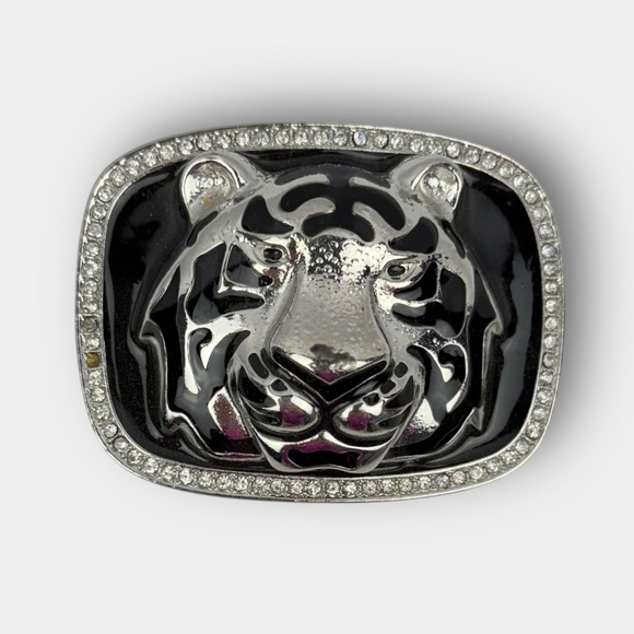 VTG Rhinestone Tiger Head Belt Buckle Silver Black damaged Animal - Picture 1 of 3